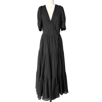 Rhode Gina Black 100% Cotton Tiered Wrap Short Sleeve Cuffed Midi Dress Size S