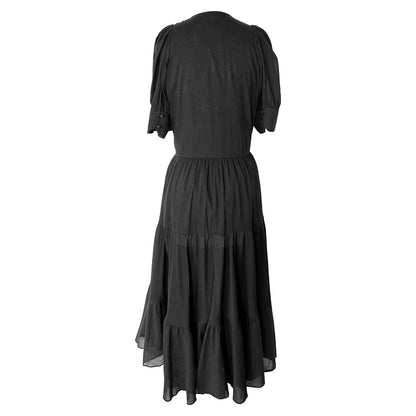 Rhode Gina Black 100% Cotton Tiered Wrap Short Sleeve Cuffed Midi Dress Size S