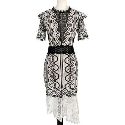 Sea New York Black and White Lola Lace Marcame Knit Assymetrical Hem Dress Size US 6