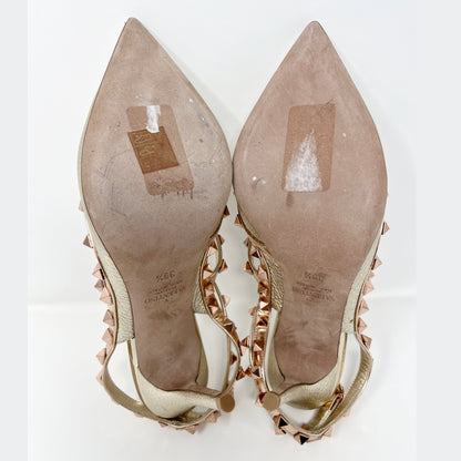 Valentino Garavani Rockstud 100 Gold/ Rose Gold Multistrap Pointed Pumps Heels Size EU 39.5