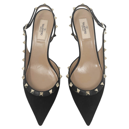 Valentino Rockstud Black Suede Pointed Toe Low Heels Slingback Pumps Size EU 37.5