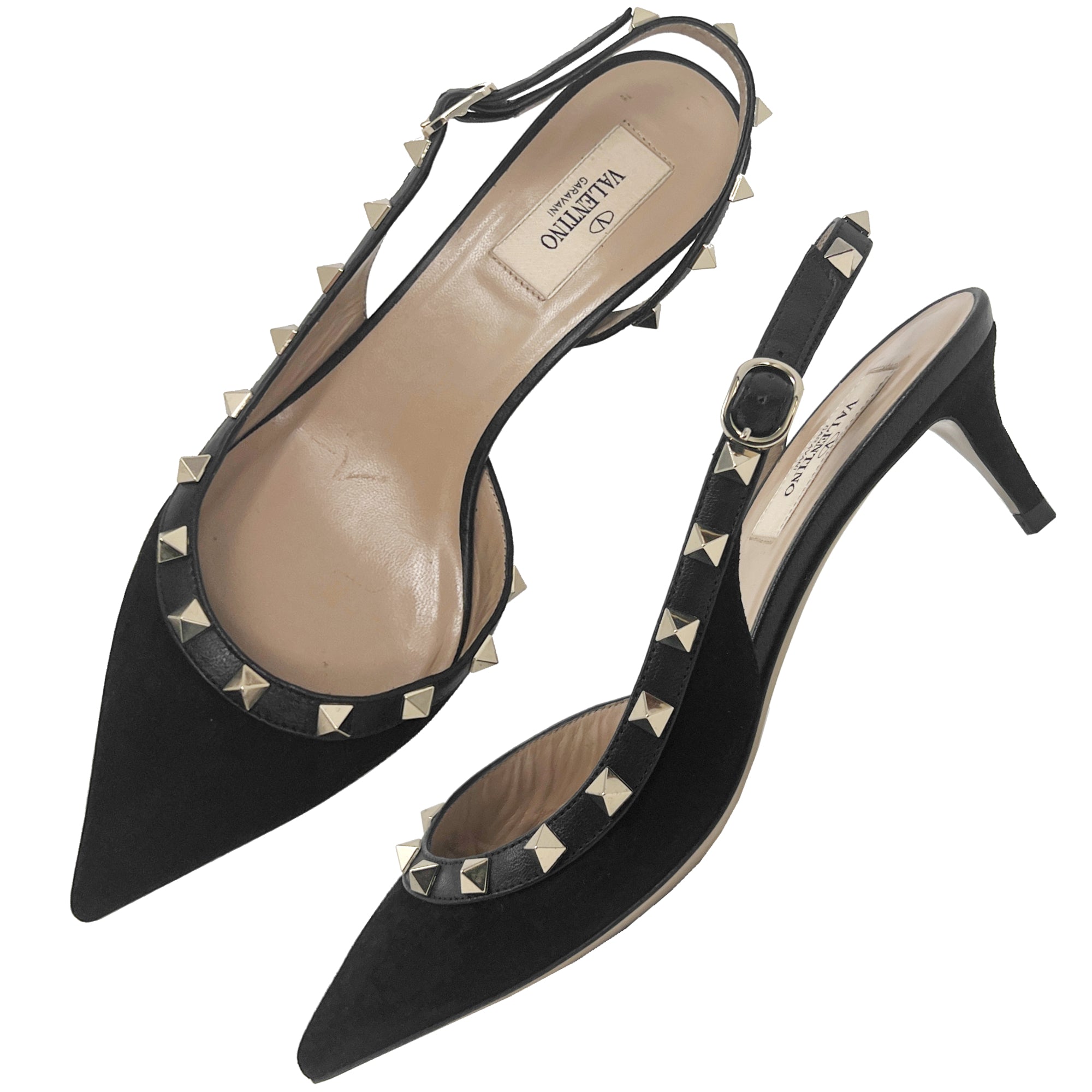 Valentino Rockstud Black Suede Pointed Toe Low Heels Slingback Pumps S The Global Collective Co