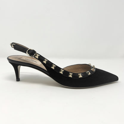 Valentino Rockstud Black Suede Pointed Toe Low Heels Slingback Pumps Size EU 37.5