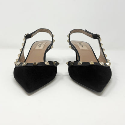 Valentino Rockstud Black Suede Pointed Toe Low Heels Slingback Pumps Size EU 37.5