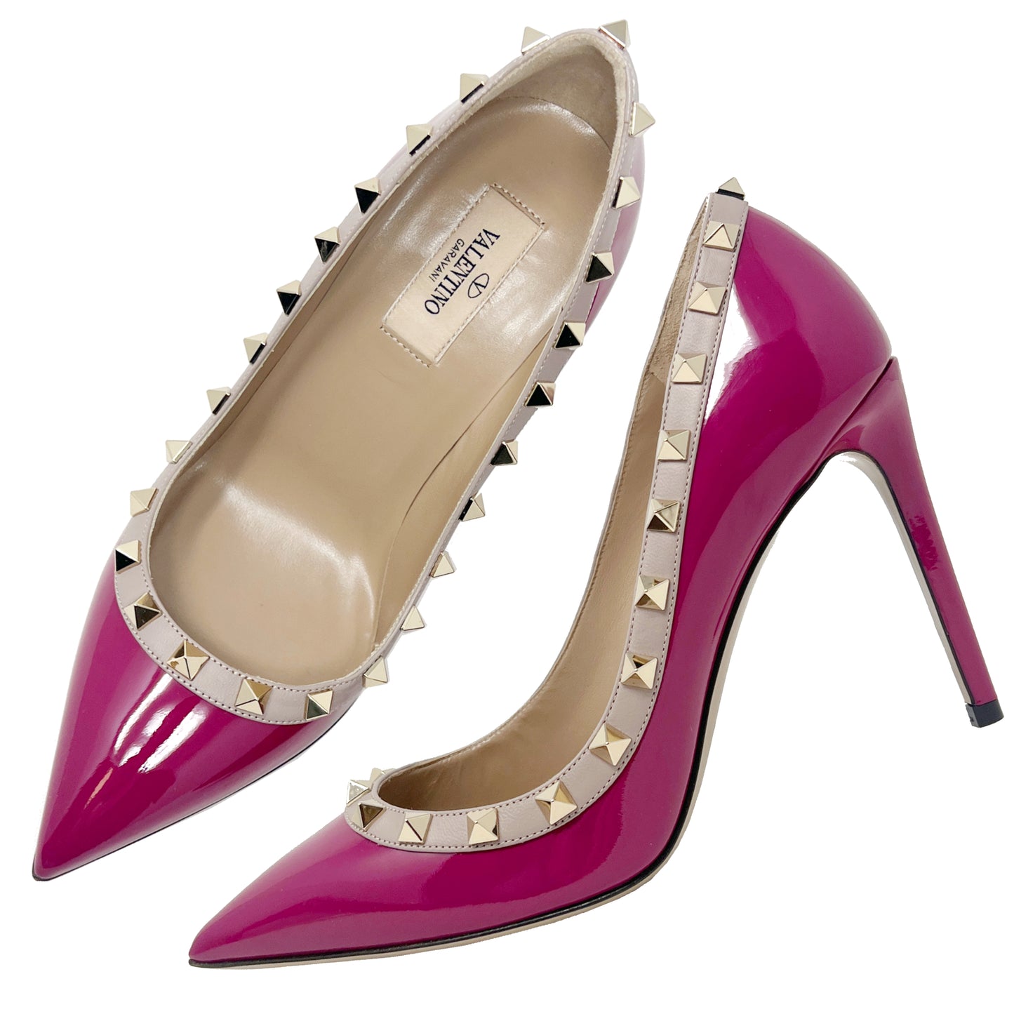 Valentino Rockstud Studded Two Tone Pink Patent Leather Pointed Pumps Heels Size EU 37.5