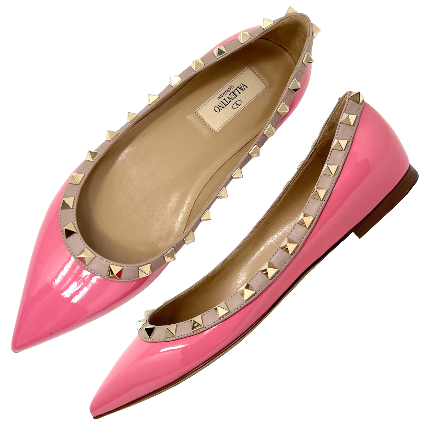 Valentino Rockstud Studded Two Toned Pink Tan Patent Leather Pointed Toe Ballet Flats