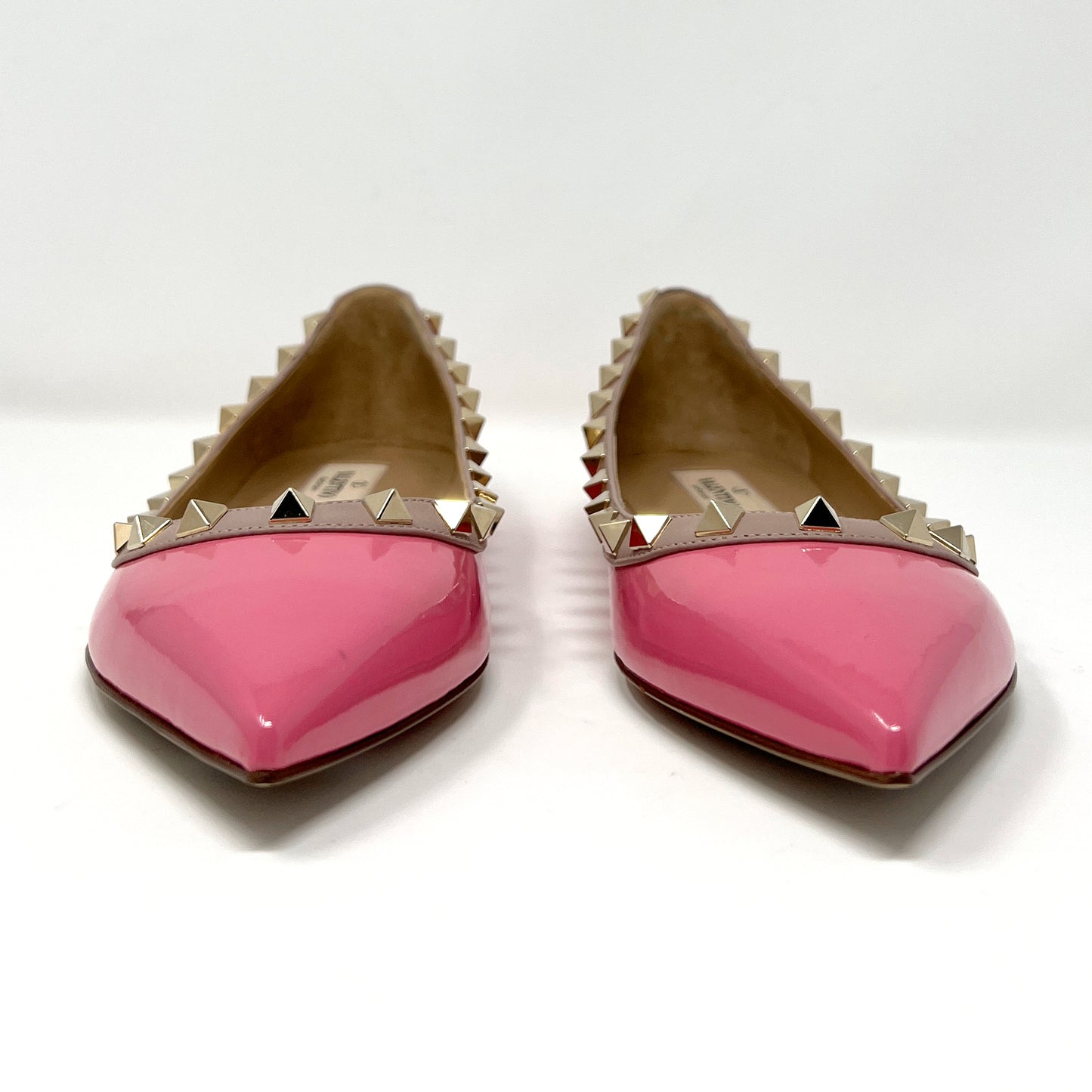 Valentino Rockstud Studded Two Toned Pink Tan Leather Pointed Toe Ballet Flats Size EU 37