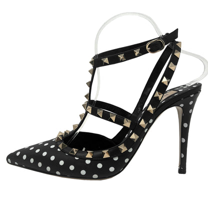 Valentino Rockstud Studded Triple Ttrap Black Leather Polka Dot Pointed Pumps Size EU 39.5