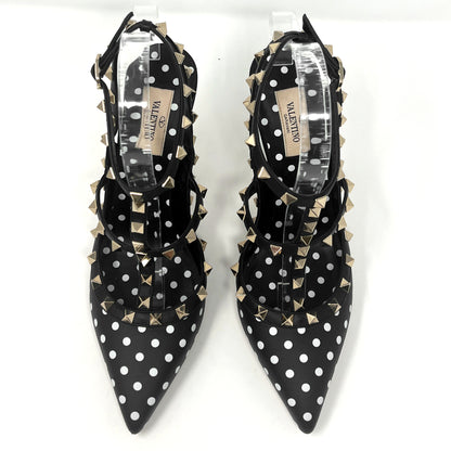 Valentino Rockstud Studded Triple Ttrap Black Leather Polka Dot Pointed Pumps Size EU 39.5