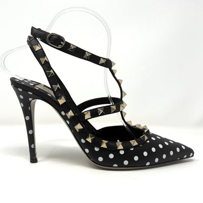 Valentino Rockstud Studded Triple Ttrap Black Leather Polka Dot Pointed Pumps Size EU 39.5