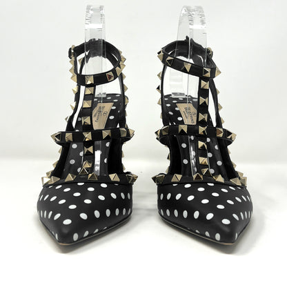 Valentino Rockstud Studded Triple Ttrap Black Leather Polka Dot Pointed Pumps Size EU 39.5