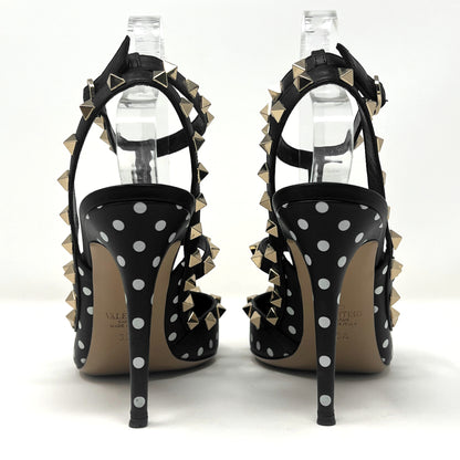 Valentino Rockstud Studded Triple Ttrap Black Leather Polka Dot Pointed Pumps Size EU 39.5