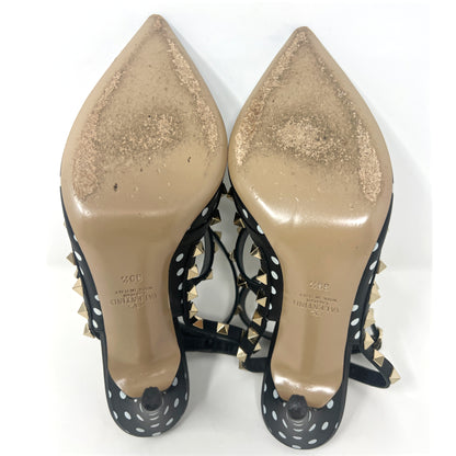 Valentino Rockstud Studded Triple Ttrap Black Leather Polka Dot Pointed Pumps Size EU 39.5