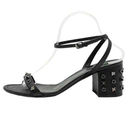 Valentino Black Textured Pebbled Leather Rolling Rockstud Block Heel Sandals Size EU 40.5