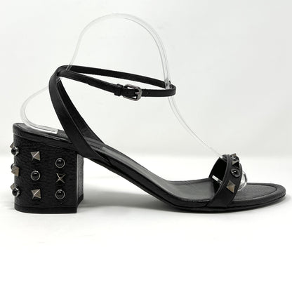 Valentino Black Textured Pebbled Leather Rolling Rockstud Block Heel Sandals Size EU 40.5