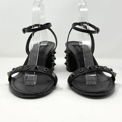 Valentino Black Textured Pebbled Leather Rolling Rockstud Block Heel Sandals Size EU 40.5