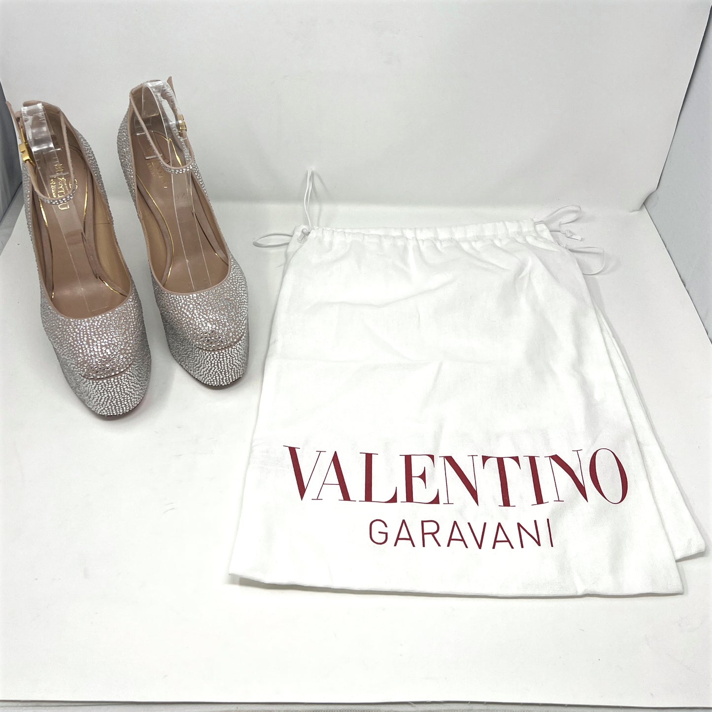 Valentino Tan-Go Crystal Embellished Suede Round Toe Ankle Strap Platform Pumps