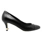 Chanel Heels Black Leather Pointed Cap Toe Pearl Embellished Low Heel Logo Pumps