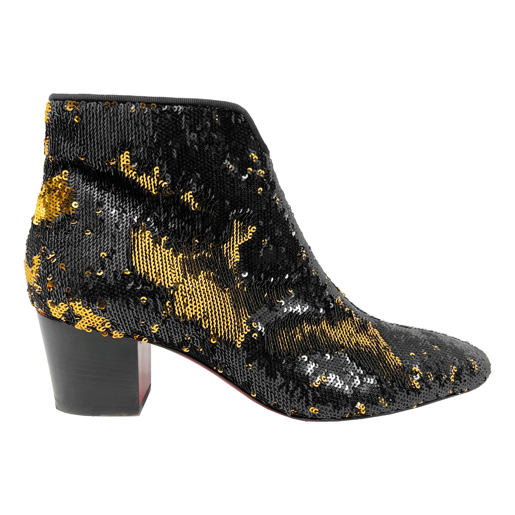 Christian Louboutin Disco Black Gold Sequins Paillettes Leather lined Block Heels Ankle Boots