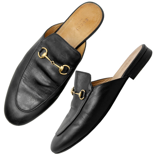 Gucci Princetown Horsebit Black Leather Round Toe Loafer Mules Slip On Flats