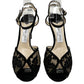 Jimmy Choo Sacora 85 Black Suede and Lace Peep Toe Ankle Strap Sandals