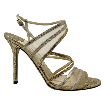 Jimmy Choo Visby Metallic Leather Straps and Mesh Sandals Size EU 39