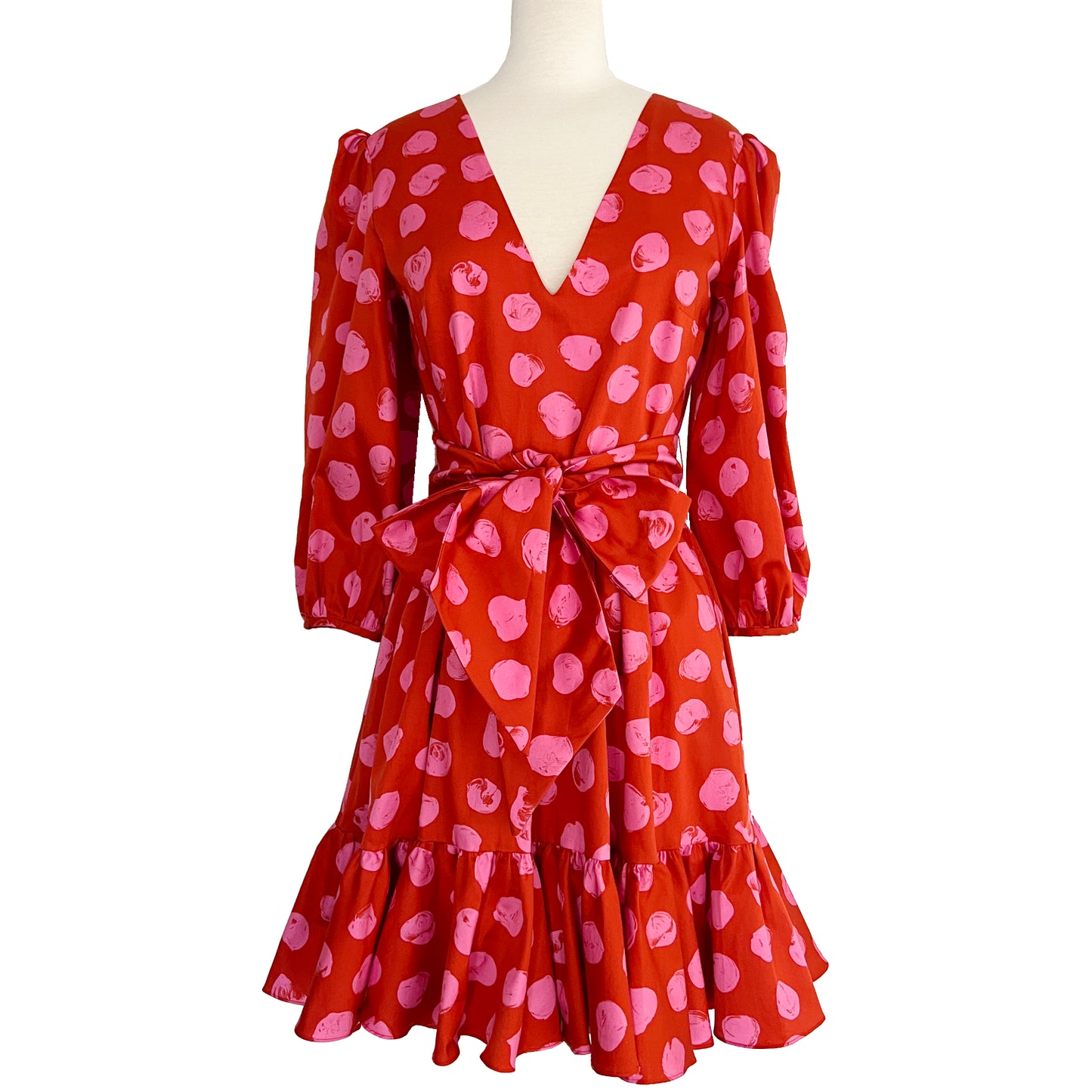 Borgo de Nor Anita Ram Pam Pam Polka Dot Bow Cotton 3/4 Sleeve Ruffle Flare Bottom Mini Dress