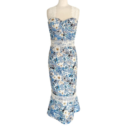 Bronx and Banco Yana Blue Floral Print Lace Trimmed Bustier Fitted Midi Dress