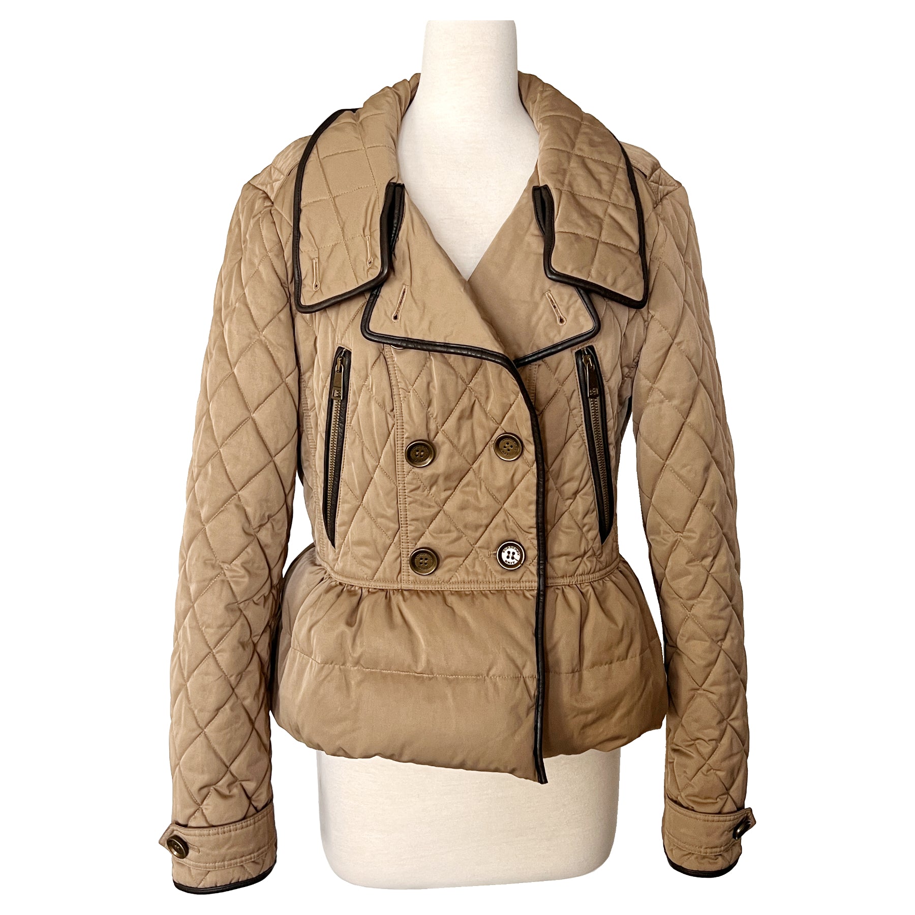 Burberry Brit Tan Khaki Leather Trim Quilted Puffer Double Breasted Jacket Coat