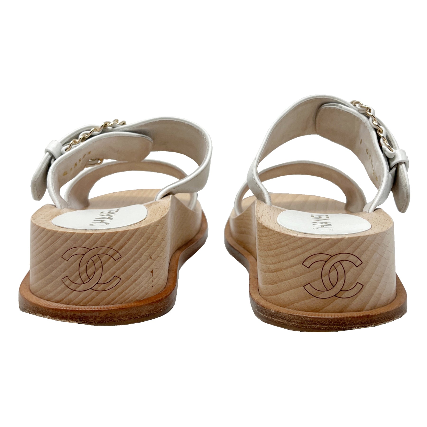 Chanel CC Logo Chain Detail White Leather Wooden Sole Mule Sandals 