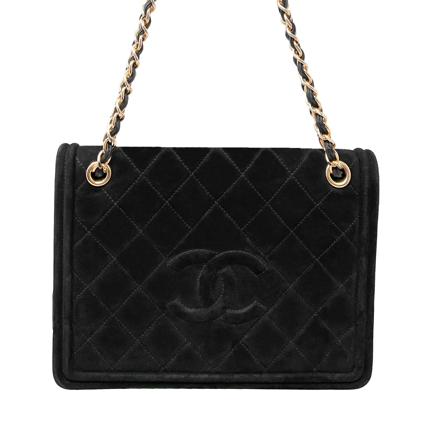 Chanel Vintage Early 90s Black Quilted Suede Gold Hardware Flap Chain Strap Bag