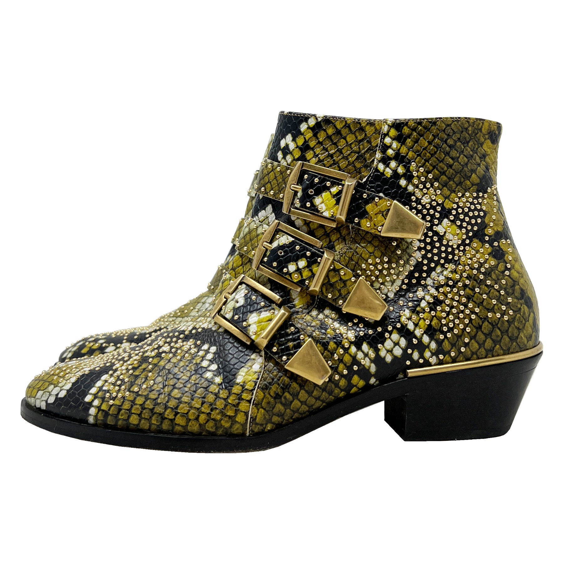 Chloe Susanna Python Gold Hardware Studded Buckle Ankle Boots