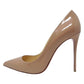 Christian Louboutin Pigalle Follies 100 Nude Tan Patent Leather Pointed Stiletto Pumps Heels