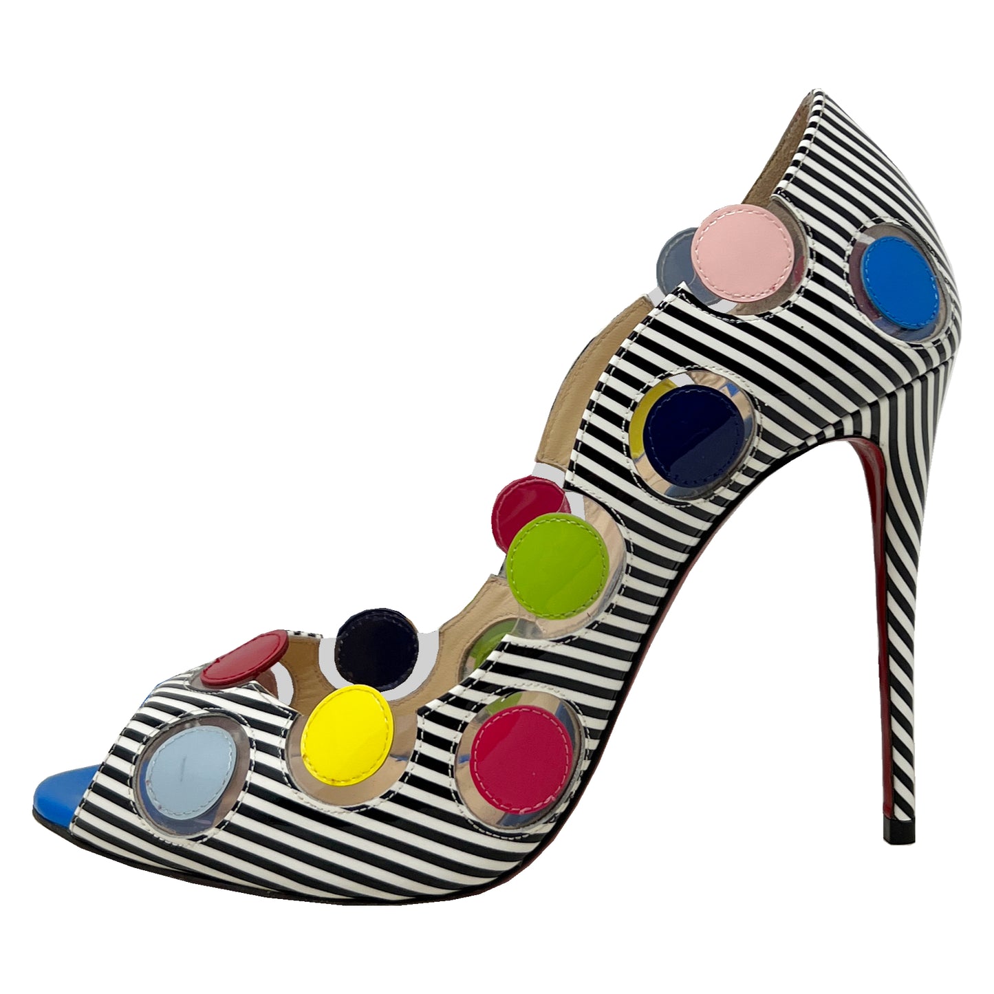 Christian Louboutin 40 Ladybug 100 Multicolor Polka Dot Striped Peep Toe Pumps