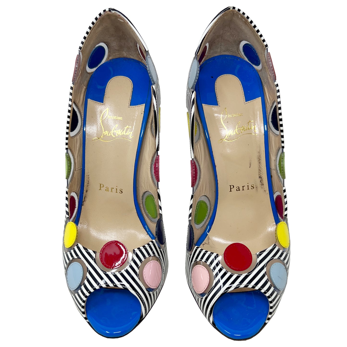 Christian Louboutin 40 Ladybug 100 Multicolor Polka Dot Striped Peep Toe Pumps