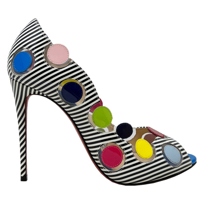 Christian Louboutin 40 Ladybug 100 Multicolor Polka Dot Striped Peep Toe Pumps