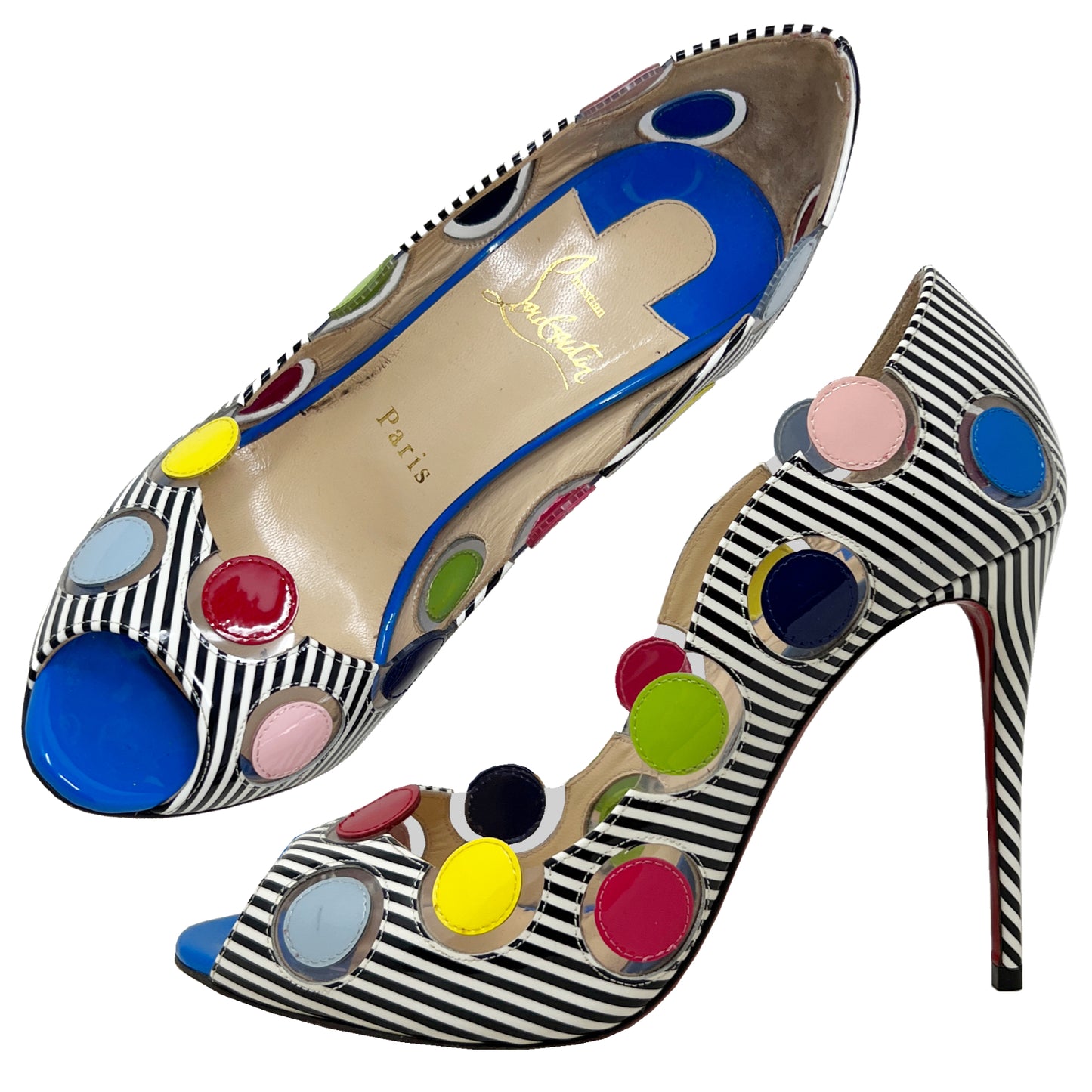 Christian Louboutin 40 Ladybug 100 Multicolor Polka Dot Striped Peep Toe Pumps