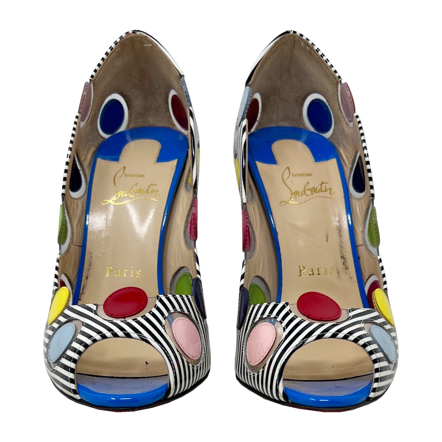 Christian Louboutin 40 Ladybug 100 Multicolor Polka Dot Striped Peep Toe Pumps Size EU 38