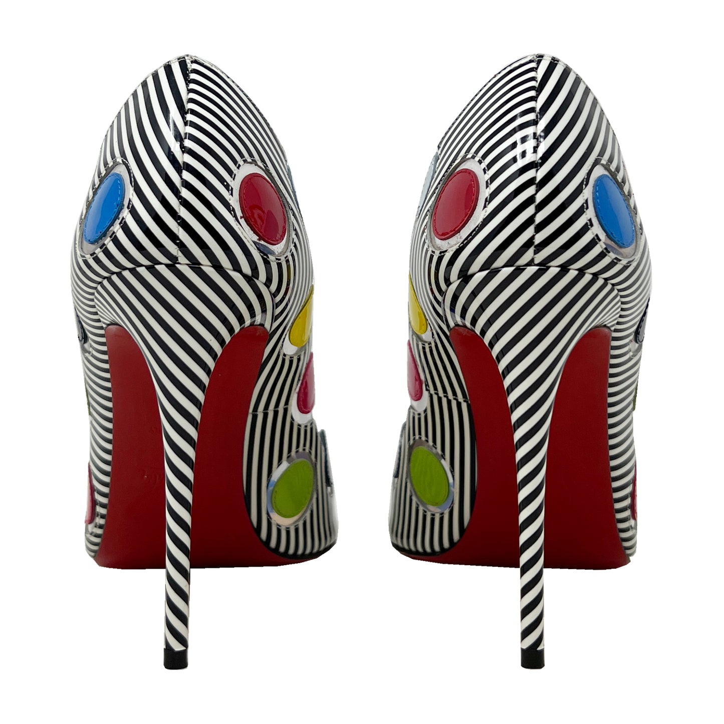 Christian Louboutin 40 Ladybug 100 Multicolor Polka Dot Striped Peep Toe Pumps Size EU 38