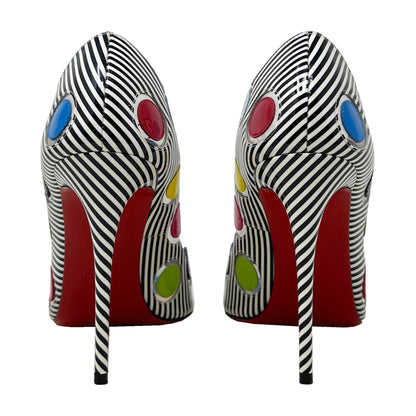 Christian Louboutin 40 Ladybug 100 Multicolor Polka Dot Striped Peep Toe Pumps Size EU 38