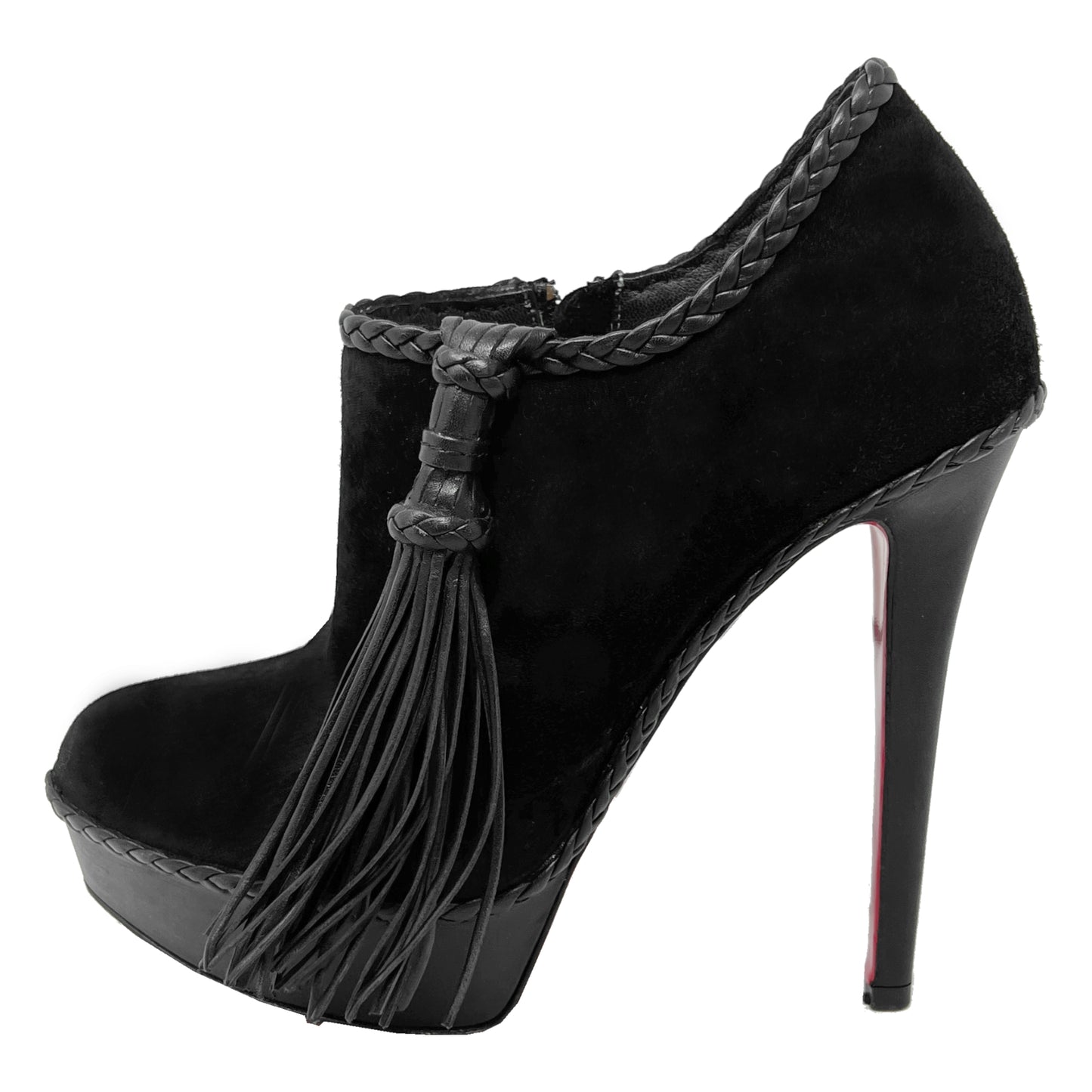 Christian Louboutin Sultane 140 Black Suede Braided Leather Trim round Toe Platform High Heel Ankle Boots