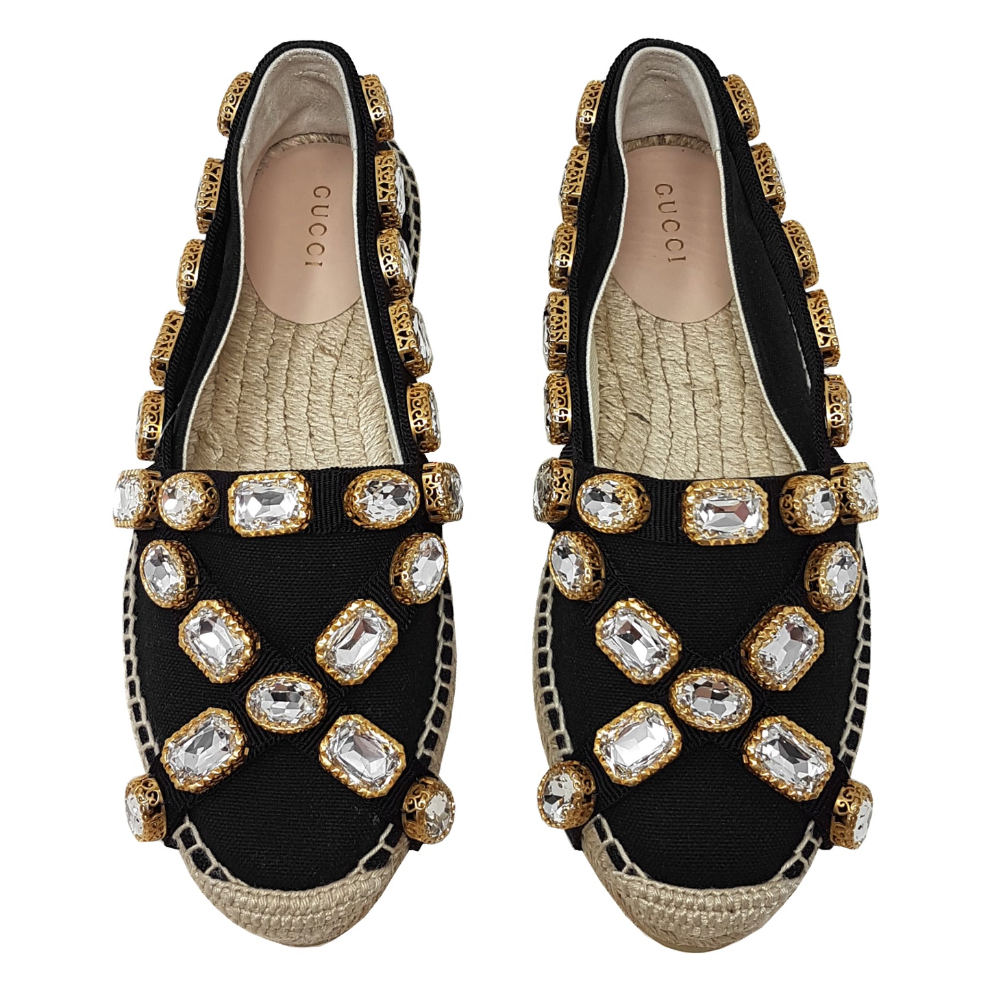 Gucci Black Fabric Crystal Embellished Round Toe Pepita Espadrille Flats