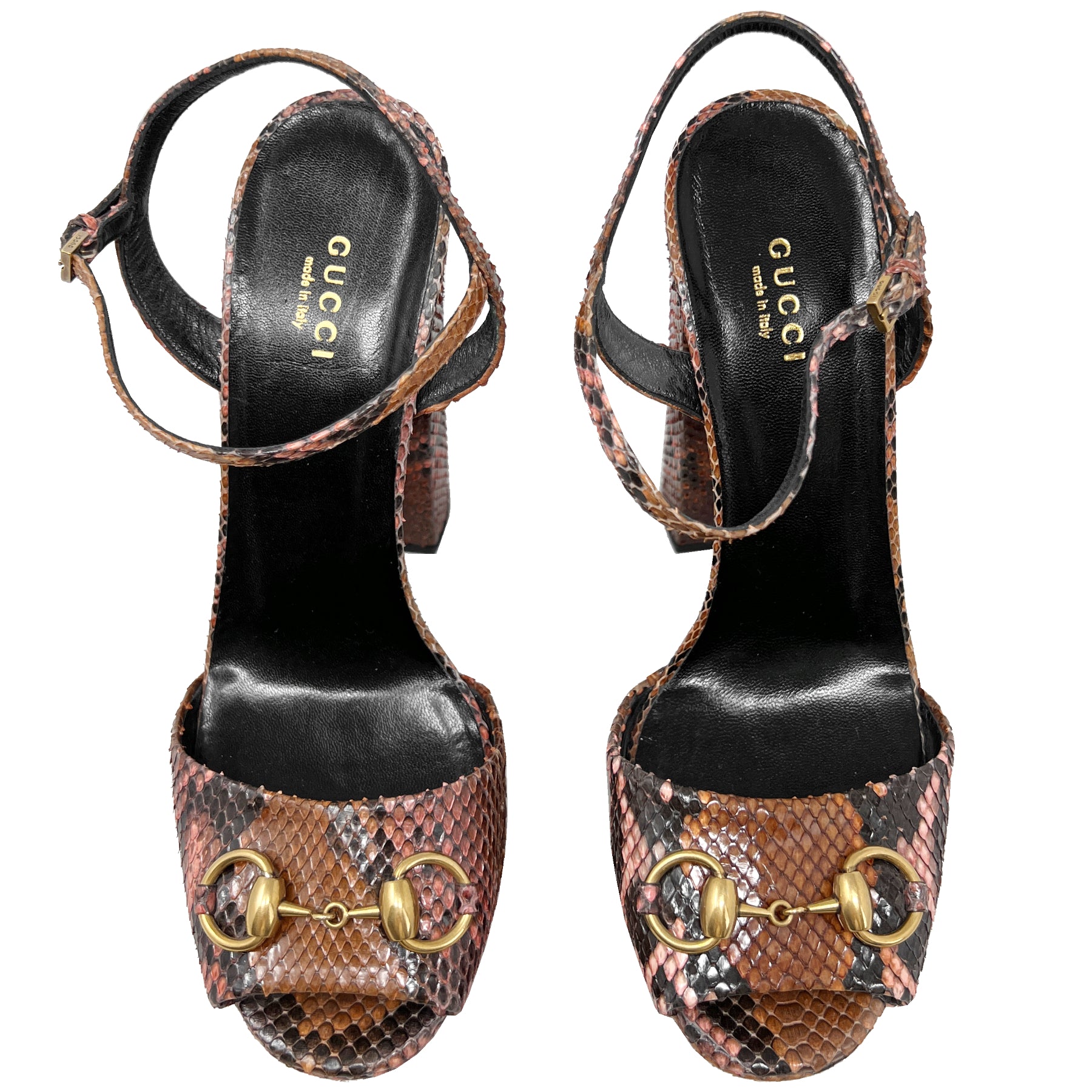Gucci Shoes Claudie Horsebit Snakeskin Multicolor Platform Ultra High Block Heel Sandals