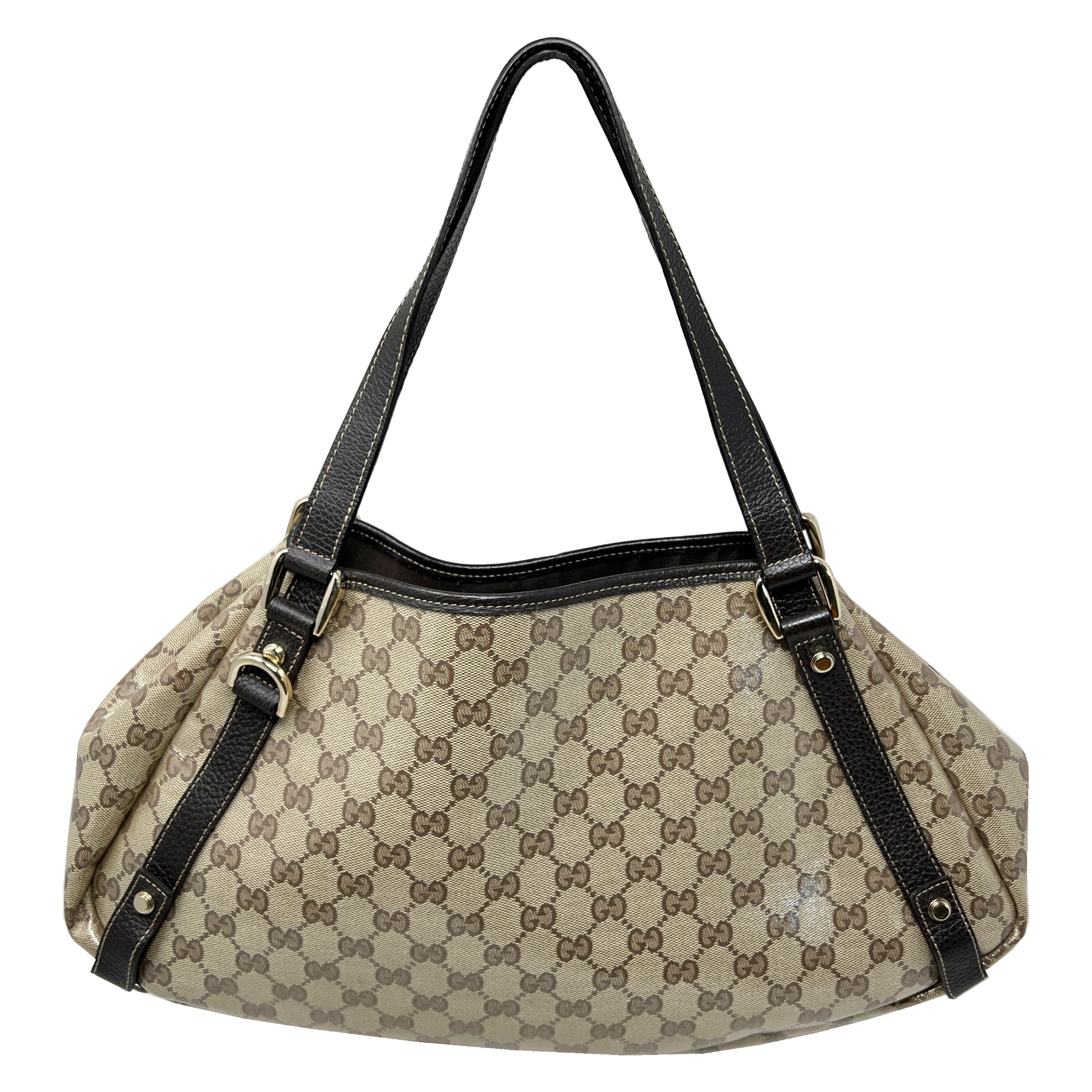 Gucci Crystal GG Logo Monogram Tan and Dark Brown Medium Abbey Tote Shoulder Bag