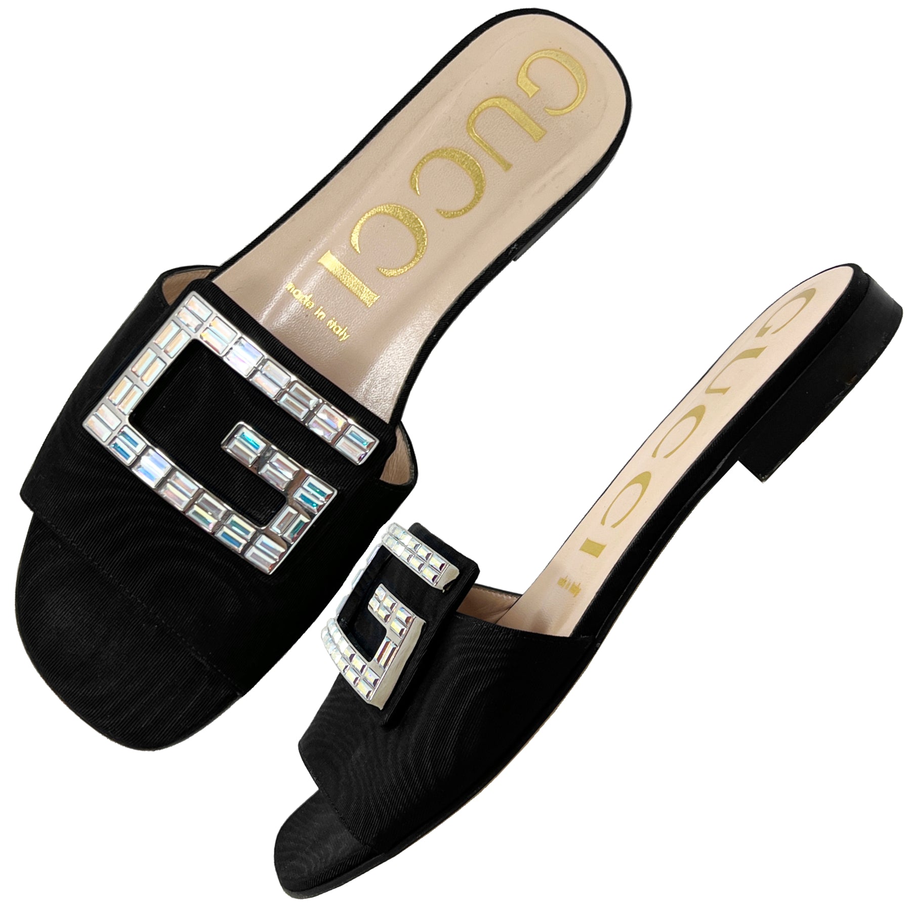 Gucci Shoes Madelyn Black Gross Grain Crystal Embellished GG Flat Sandal Mules