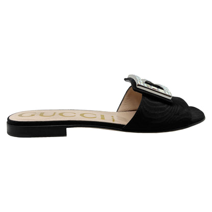 Gucci Shoes Madelyn Black Gross Grain Crystal Embellished GG Flat Sandal Mules