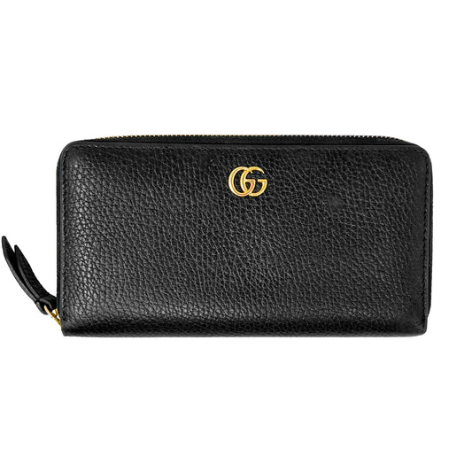 Gucci Marmont Logo Black Pebbled Leather Zip Around Continental Wallet