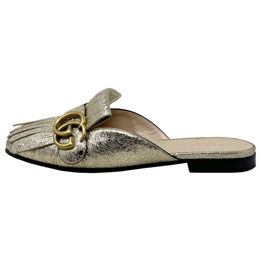 Gucci Marmont Logo Gold Crinkle Foiled Leather Fringe Slip On Flat Loafer Mules