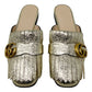 Gucci Marmont Logo Gold Crinkle Foiled Leather Fringe Slip On Flat Loafer Mules