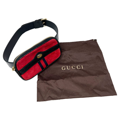 Gucci Ophidia Red Suede Patent Leather Trim Web Clutch Round Belt Bag